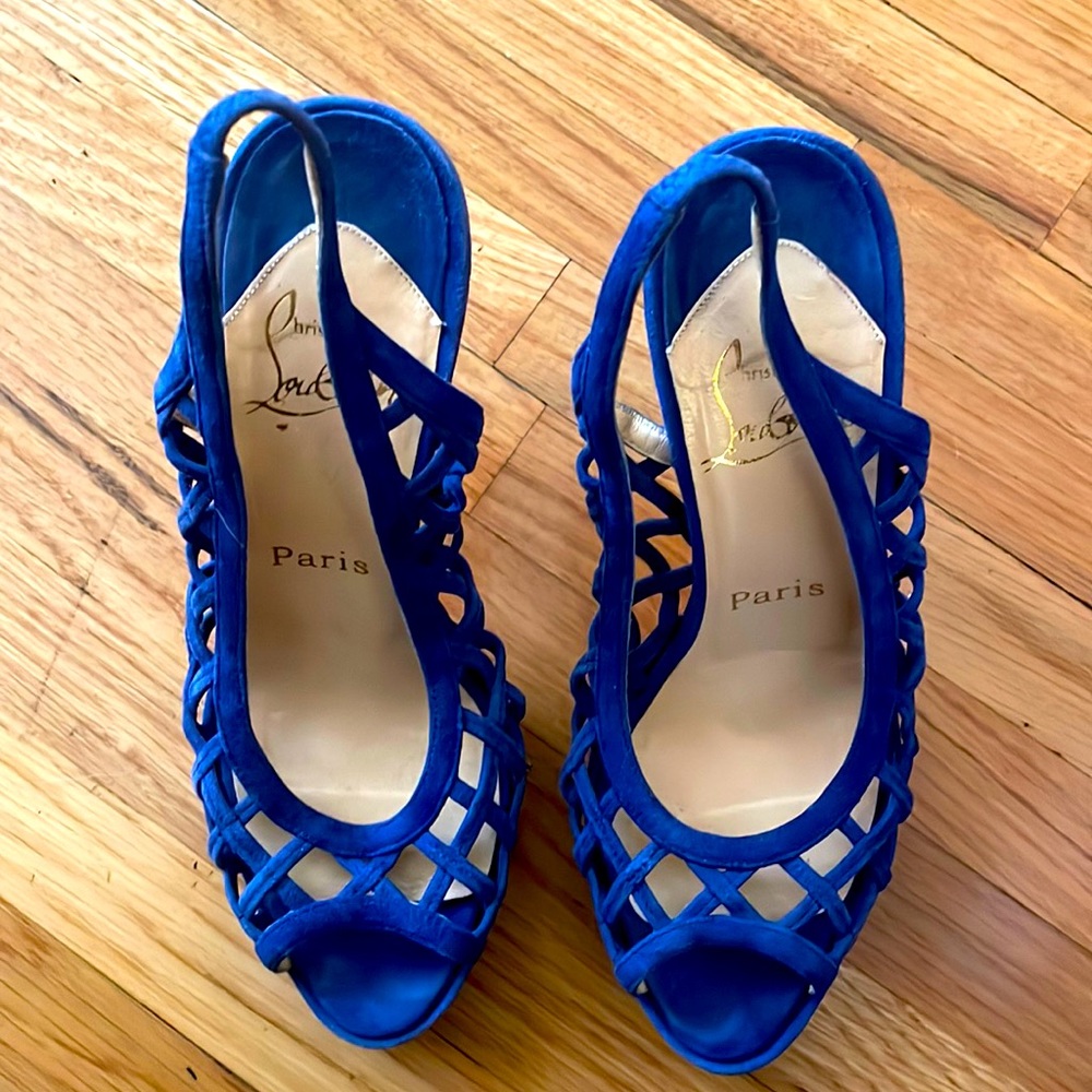 Christian Louboutin blue suede sling back peep toe heels with cage design